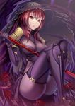  1girl bodysuit breasts canegouzi fate/grand_order fate_(series) flower gae_bolg highres large_breasts long_hair looking_at_viewer polearm purple_hair red_eyes scathach_(fate/grand_order) solo spear spider_lily weapon 