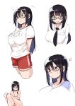  1girl black_hair black_neckwear blue_eyes blush breasts closed_mouth collared_shirt cowboy_shot flying_sweatdrops gym_shorts gym_uniform highres large_breasts long_hair long_sleeves multiple_views name_tag necktie nude original red_shorts rucchiifu school_uniform shirt short_sleeves shorts simple_background squiggle standing sweat sweatdrop sweating white_background white_shirt wing_collar 