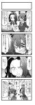  2girls 4koma :d bow bowtie comic commentary_request eyepatch greyscale grin headgear highres kantai_collection kurogane_gin mechanical_halo monochrome multiple_girls necktie open_mouth school_uniform short_hair smile sweat tatsuta_(kantai_collection) television tenryuu_(kantai_collection) translation_request v-shaped_eyebrows watching_television 