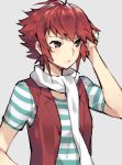  1girl ahoge alternate_costume arm_up blush closed_mouth contemporary fire_emblem fire_emblem_if gebyy-terar grey_background hand_in_hair hinoka_(fire_emblem_if) jacket looking_away open_clothes open_vest red_eyes red_vest redhead scarf shiny shiny_hair shirt short_hair short_sleeves simple_background solo striped striped_shirt t-shirt upper_body vest white_scarf 