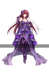  1girl breasts character_name cleavage dress elbow_gloves fate/grand_order fate_(series) flower gloves hair_flower hair_ornament hand_on_hip head_tilt highres jewelry large_breasts long_hair looking_at_viewer necklace purple_dress purple_gloves purple_hair purple_legwear red_eyes scathach_(fate/grand_order) shakuri_heneko solo thigh-highs tiara white_background 