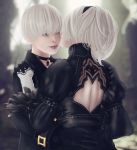  1boy 1girl back_cutout baka-chanlove black_dress black_gloves cheek_kiss collar dress elbow_gloves feather-trimmed_sleeves gloves hairband hands_on_hips highres juliet_sleeves kiss long_sleeves looking_at_another nier_(series) nier_automata one_eye_closed puffy_sleeves short_hair standing white_hair yorha_no._2_type_b yorha_no._9_type_s 