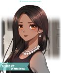 1girl atobesakunolove bare_shoulders black_dress blurry blurry_background brown_eyes brown_hair character_name closed_mouth dark_skin dress earrings english expressionless forehead highres jewelry lips long_hair looking_at_viewer overwatch pearl sleeveless sleeveless_dress solo straight_hair symmetra_(overwatch) upper_body watermark web_address 