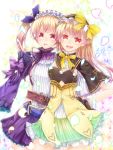  2girls :d atelier_(series) atelier_lydie_&amp;_suelle belt black_capelet bow capelet cowboy_shot frilled_hairband green_skirt hair_bow hairband hand_on_hip long_hair looking_at_viewer lydie_marlen multiple_girls open_mouth petals pink_hair purple_bow red_eyes short_hair siblings side_ponytail sisters siyusiyu13 skirt smile suelle_marlen twins violet_eyes yellow_bow 