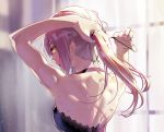  1girl adjusting_hair artoria_pendragon_(all) back bare_back blonde_hair fate/grand_order fate_(series) hair_tie muscle muscular_female saber_alter solo tsurukame upper_body yellow_eyes 