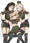  3girls adapted_costume bangs black_gloves black_hair black_legwear blonde_hair blue_eyes clara_(girls_und_panzer) double_v epaulettes frilled_skirt frills garrison_cap garter_straps girls_und_panzer gloves green_skirt hat highres katyusha long_hair looking_at_viewer midriff miniskirt multiple_girls nonna pravda_military_uniform short_hair sikijou77o simple_background skirt standing swept_bangs thigh-highs v white_background 