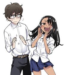  1boy 1girl 774_(nanashi) :d bangs belt black_eyes black_hair black_pants blue_skirt blush brown_hair clapping collared_shirt contemporary cowboy_shot dark_skin fang fingernails flying_sweatdrops hachiouji hair_between_eyes hair_ornament hairclip hands_up ijiranaide_nagatoro-san long_hair long_sleeves looking_at_viewer nagatoro nail_polish one_eye_closed open_mouth pants pleated_skirt red_nails sanpaku school_uniform shirt short_sleeves simple_background skirt smile standing sweatdrop white_background wing_collar worried 