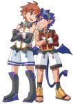  2boys blue_hair brown_hair demon_boy demon_tail demon_wings eyebrows forked_eyebrows geetgeet grin horns looking_at_another male_focus mini_wings multiple_boys pointy_ears pop-up_story selim_spark smile tail violet_eyes wings ziz_glover 