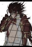  1boy abs brown_eyes brown_hair fire_emblem fire_emblem_if gloves long_hair male_focus navel nipples ryouma_(fire_emblem_if) shirtless simple_background solo sou_mei white_background 