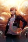  1girl black_jacket black_pants blonde_hair cowboy_shot dress_shirt fate/stay_night fate_(series) gate_of_babylon gilgamesh hair_between_eyes hand_on_hip jacket lens_flare looking_at_viewer male_focus open_clothes open_jacket pants red_eyes shirt signature solo standing white_shirt 