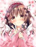  1girl bangs blurry_foreground blush brown_eyes brown_hair cherry_blossoms commentary_request flower frilled_sleeves frills hair_flower hair_ornament hair_ribbon holding holding_flower japanese_clothes kimono kokoa-chan_(pan_(mimi)) long_hair long_sleeves looking_at_viewer maid_headdress nail_polish original pan_(mimi) petals pink_flower pink_kimono pink_nails red_ribbon ribbon side_braids smile solo upper_body v 