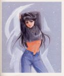  1girl 80s ayukawa_madoka black_hair breasts denim highres jeans kimagure_orange_road long_hair medium_breasts official_art oldschool pants solo 