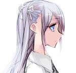  1girl absurdres bad_id bad_pixiv_id blue_eyes closed_mouth collared_shirt eyebrows_visible_through_hair hair_between_eyes hair_ribbon highres long_hair misteor original profile purple_hair ribbon shirt sketch solo white_background white_ribbon white_shirt 