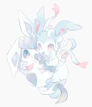  absurdres black_eyes character_request commentary_request fang fang_out glaceon grey_background hideko_(l33l3b) highres interlocked_fingers no_humans pale_color pink_eyes pokemon pokemon_(creature) simple_background sylveon 