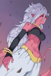  1girl android_21 android_21_(evil) bare_shoulders black_sclera collar dragon_ball dragon_ball_fighterz grin harem_pants highres image_sample majin_android_21 monster_girl navel pants pink_skin pointy_ears red_eyes smile solo strapless tail tubetop twitter_sample white_hair 