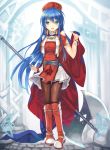  1girl armlet axe bangs belt blue_eyes blue_hair blurry blurry_background boots bracelet brown_legwear cape cropped_vest eyebrows_visible_through_hair fire_emblem fire_emblem:_fuuin_no_tsurugi fire_emblem_heroes full_body highres hinot holding holding_weapon jewelry knee_boots lilina looking_at_viewer nintendo pantyhose pigeon-toed standing weapon 