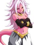  1girl android_21 android_21_(evil) bare_shoulders black_sclera breasts cleavage crossed_arms detached_sleeves dragon_ball dragon_ball_fighterz earrings harem_pants hoop_earrings jewelry long_hair looking_at_viewer majin_android_21 medium_breasts monster_girl navel pants pink_skin pointy_ears red_eyes simple_background smile solo tail white_background white_hair yamada_(fanfantaisa) 