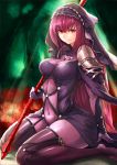  1girl bodysuit breasts covered_navel fate/grand_order fate_(series) gae_bolg highres hood large_breasts long_hair pauldrons polearm purple_hair red_eyes scathach_(fate/grand_order) sitting solo spear srsojiro wariza weapon 