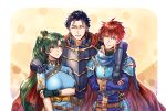  1girl 2boys ahoge arm_around_neck armor bangs belt belt_buckle black_gloves black_hair blue_dress blue_eyes blue_hair blue_scarf blush breast_hold breastplate breasts buckle cape closed_eyes closed_mouth crossed_arms dress eliwood_(fire_emblem) facing_viewer faulds fingerless_gloves fire_emblem fire_emblem:_rekka_no_ken fire_emblem_heroes forehead_protector gauntlets gloves green_eyes green_hair hair_tie hand_on_another&#039;s_shoulder hand_on_own_arm head_tilt hector_(fire_emblem) hexagon high_ponytail long_hair long_sleeves looking_to_the_side lyndis_(fire_emblem) medium_breasts multiple_boys parted_bangs parted_lips pauldrons ponytail red_gloves redhead sash scarf shiny shiny_hair short_hair short_sleeves shoulder_armor smile upper_body wanini 
