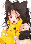  1girl animal_ears artist_name bare_shoulders brown_hair collarbone dated dress fangs fingernails forehead gotoh510 highres holding imaizumi_kagerou long_hair looking_at_viewer messy_hair off-shoulder_dress off_shoulder open_mouth pikachu pokemon pokemon_(creature) red_eyes simple_background smile solo touhou upper_body white_background wolf_ears 