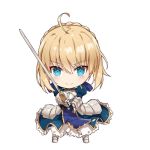  1girl ahoge armor armored_boots armored_dress artoria_pendragon_(all) blonde_hair blue_dress blue_eyes blue_ribbon boots chibi dress excalibur eyebrows_visible_through_hair fate/stay_night fate_(series) full_body gabiran gauntlets hair_between_eyes hair_ribbon holding holding_sword holding_weapon looking_at_viewer lowres ribbon saber short_hair_with_long_locks sidelocks simple_background smile solo standing sword weapon white_background 