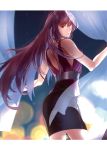  1girl absurdres alternate_costume blouse curtains fate/grand_order fate_(series) haruryou highres light_smile long_hair looking_at_viewer looking_back night night_sky pencil_skirt purple_hair red_eyes scathach_(fate/grand_order) skirt sky solo 