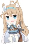  1girl :d ahoge animal_ears bailingxiao_jiu bangs belt_buckle blue_eyes blue_hairband blue_jacket blue_skirt blush brown_belt buckle cape cat_ears cat_girl cat_tail chibi commentary_request eyebrows_visible_through_hair fang full_body fur-trimmed_jacket fur_trim girls_frontline gloves gun hair_between_eyes hairband heart heart-shaped_pupils highres holding holding_gun holding_weapon jacket kemonomimi_mode light_brown_hair long_hair long_sleeves no_shoes object_namesake open_mouth sidelocks simple_background skirt smile solo standing striped submachine_gun suomi_kp/-31 suomi_kp31_(girls_frontline) symbol-shaped_pupils tail thigh-highs vertical-striped_skirt vertical_stripes very_long_hair weapon white_background white_cape white_gloves white_legwear 