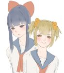  2girls :i :o absurdres bangs blonde_hair blue_eyes blue_hair blue_sailor_collar blunt_bangs blush bow eyebrows_visible_through_hair hair_bow hair_ornament hair_scrunchie highres looking_at_viewer multiple_girls necktie parted_lips pipimi poptepipic popuko red_bow red_neckwear reido_(reido_c) sailor_collar school_uniform scrunchie serafuku simple_background twintails white_background yellow_eyes 