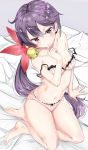  1girl akebono_(kantai_collection) bell blush bra commentary_request finger_to_mouth flower from_above hair_bell hair_flower hair_ornament jingle_bell kantai_collection kengorou_saemon_ii_sei long_hair looking_at_viewer navel on_bed oversized_breast_cup panties pink_bra pink_panties purple_hair sitting solo underwear underwear_only very_long_hair violet_eyes yokozuwari 