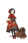  1girl black_eyes black_footwear black_hair black_legwear capelet cross-laced_clothes dog dog_request dress flower frilled_dress frills frown full_body hair_flower hair_ornament highres leash looking_at_viewer official_art princess_principal princess_principal_game_of_mission red_dress red_footwear shoes short_hair solo standing toudou_chise transparent_background yawning 