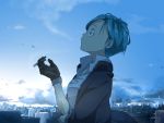  1girl blue_eyes blue_hair bulma cigarette day dragon_ball dragonball_z earrings expressionless gloves jacket jewelry looking_away looking_up po_(poppa-pict) shirt short_hair sky smoke smoking solo_focus white_shirt 