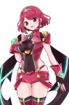  1girl blush breasts earrings fingerless_gloves gloves hair_ornament pyra_(xenoblade) jewelry long_hair looking_at_viewer madanai_(morisumeshi) red_eyes redhead short_hair shorts sidelocks simple_background smile solo tiara white_background xenoblade xenoblade_2 