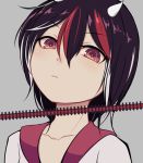  1girl black_hair collarbone directional_arrow expressionless eyebrows_visible_through_hair grey_background hair_between_eyes horns kijin_seija looking_at_viewer marsen multicolored_hair portrait red_eyes redhead shirt simple_background solo streaked_hair touhou white_hair white_shirt 