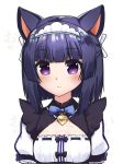  1girl animal_ears bangs blue_hair blue_neckwear blunt_bangs blush bow bowtie cat_ears character_name cleavage_cutout commentary eyebrows_visible_through_hair eyes_visible_through_hair fake_animal_ears hair_ribbon half_updo heart kaafi looking_at_viewer maid maid_headdress minazuki_shigure name_tag nekopara puffy_short_sleeves puffy_sleeves ribbon ribbon-trimmed_clothes ribbon_trim short_sleeves simple_background smile solo upper_body violet_eyes watermark white_background 