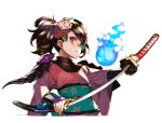  1girl 92m black_hair brown_eyes floral_print flower hair_flower hair_ornament hitodama japanese_clothes looking_at_viewer momohime oboro_muramasa sheath short_hair simple_background solo sword twintails unsheathing weapon 