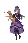  1girl black_footwear blue_hat boots butterfly collar dress frilled_dress frills full_body grey_hair hand_up hat highres holding_dog knee_boots long_hair looking_at_viewer official_art open_mouth princess_principal princess_principal_game_of_mission purple_dress purple_footwear purple_legwear shoes solo sophie_mackenzie standing sweatdrop transparent_background violet_eyes 