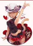  1girl animal_ears arm_up armpits belt blonde_hair cat_ears cat_tail final_fantasy final_fantasy_xiv halter_top halterneck hat looking_at_viewer midriff miqo&#039;te open_mouth pleated_skirt short_hair skirt sleeveless slit_pupils solo tail thigh-highs waco_(misonobu) yellow_eyes 