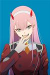  1girl blue_background darling_in_the_franxx fangs_out giba_(out-low) green_eyes highres horns long_hair military military_uniform open_mouth pink_hair school_uniform simple_background uniform zero_two_(darling_in_the_franxx) 