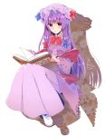  1girl abe_suke bangs blue_bow blush book bow bowtie brown_eyes closed_mouth dress eyebrows_visible_through_hair full_body hair_bow hat highres holding holding_book long_hair long_sleeves looking_at_viewer mob_cap patchouli_knowledge purple_dress purple_hair purple_hat red_bow red_neckwear shoes sidelocks solo touhou translation_request white_background white_footwear wide_sleeves 