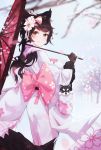  1girl absurdres antenna_hair atago_(azur_lane) azur_lane bare_tree black_hair blue_eyes blurry blush brown_eyes brown_gloves closed_mouth depth_of_field dog floral_print flower from_side gloves hair_flower hair_ornament highres holding holding_umbrella ili japanese_clothes kimono long_hair looking_at_viewer obi oriental_umbrella sash smile snow tongue tongue_out tree umbrella 