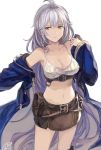  1girl bare_shoulders breasts cleavage closed_mouth collarbone granblue_fantasy long_hair long_sleeves navel sabanobori silva_(granblue_fantasy) simple_background solo standing white_background 