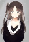  1girl :| bangs black_bra black_sweater blush bra breasts cleavage closed_mouth collarbone expressionless grey_background long_hair looking_at_viewer low_neckline lpip original parted_bangs shirt simple_background small_breasts solo straight_hair sweater underwear upper_body white_shirt 