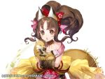  1girl animal animal_ears bangs bow brown_eyes brown_hair commentary_request dress eyebrows_visible_through_hair floral_print fox fox_ears hair_bow high_ponytail holding holding_animal icchi_banketsu long_hair looking_at_viewer momoshiki_tsubaki official_art parted_lips pink_dress ponytail print_bow print_dress red_bow sidelocks solo upper_teeth white_background 