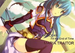  1girl black_legwear blue_hair character_name engrish enoo green_eyes long_hair maria_traydor ranguage solo star_ocean star_ocean_till_the_end_of_time 