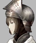  1girl armor brown_hair closed_mouth comic commentary_request face from_side grey_background grey_eyes keemu_(occhoko-cho) original profile scarf short_hair simple_background solo visor_(armor) visor_lift 