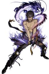  1boy black_gloves brown_hair dark_skin dark_skinned_male dragon eastern_dragon full_body gloves injury katana kiwame_(touken_ranbu) komo_(sleepy) male_focus official_art ookurikara open_mouth pants shirtless sword torn_clothes torn_pants touken_ranbu transparent_background weapon yellow_eyes 