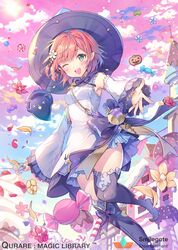  &gt;o&lt; 1girl ;d armpit_peek bangs blue_bow blue_flower blue_hat blue_sky blush boots bow braid breasts candy candy_cane chains cherry clouds cloudy_sky company_name copyright_name day dessert detached_sleeves dress eyebrows_visible_through_hair falling_petals floating_hair flower food french_braid frilled_sleeves frills from_below fruit ghost gradient_sky green_eyes hair_flower hair_ornament hat holding holding_candy holding_candy_cane holding_food holding_lollipop house ice_cream jelly_bean key leg_up lollipop long_sleeves looking_at_viewer neck_ribbon official_art one_eye_closed open_mouth outdoors outstretched_arm outstretched_hand oversized_object petals pink_hair pink_sky pointy_ears purple_footwear purple_ribbon qurare_magic_library reaching red_flower ribbon round_teeth shiny shiny_hair short_dress short_hair sky sleeveless sleeveless_dress small_breasts smile standing standing_on_one_leg sun sunlight teeth thigh-highs thigh_boots vanilla_ice_cream white_dress white_flower wide_sleeves window witch_hat yellow_flower yeonwa 