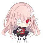  1girl :&lt; adjusting_clothes adjusting_gloves bandage_over_one_eye bangs black_jacket black_skirt blush boots chibi closed_mouth eyebrows_visible_through_hair fate/grand_order fate_(series) florence_nightingale_(fate/grand_order) full_body gloves hair_between_eyes hitsukuya jacket jacket_on_shoulders knee_boots long_hair long_sleeves looking_at_viewer pantyhose pink_hair pleated_skirt red_eyes red_jacket simple_background skirt solo standing star very_long_hair white_background white_belt white_footwear white_gloves white_legwear 
