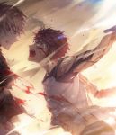  2boys angry archer battle blonde_hair blood blood_on_face bloody_clothes closed_mouth emiya_shirou facing_another fate/stay_night fate_(series) gilgamesh hand_on_another&#039;s_back highres holding holding_weapon injury magic_circuit male_focus multiple_boys open_mouth red_eyes redhead severed_arm severed_limb tattoo torn_clothes weapon yellow_eyes zelovel 