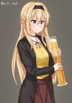  1girl alcohol alternate_costume anti_(untea9) beer blonde_hair blue_eyes blush braid commentary_request flower french_braid glass grey_background hair_flower hair_ornament highres kantai_collection long_hair long_sleeves simple_background solo twitter_username warspite_(kantai_collection) 